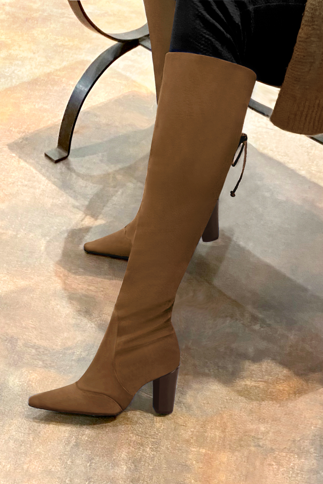 Caramel brown women's knee-high boots, with laces at the back. Tapered toe. Very high block heels. Made to measure. Worn view - Florence KOOIJMAN